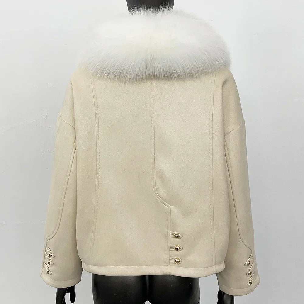 Back view of a beige puffer jacket with detachable fur collar.