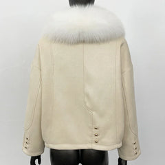 Back view of a beige puffer jacket with detachable fur collar.