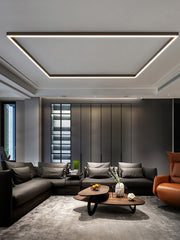 Modern style long LED ceiling light fixture with black finish, mounted on the ceiling in an interior setting, illuminating the living room  space with a bright light.