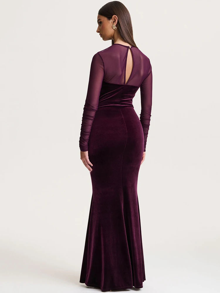 Full-length formal dress with O-neckline and fitted mesh sleeves