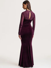 Full-length formal dress with O-neckline and fitted mesh sleeves