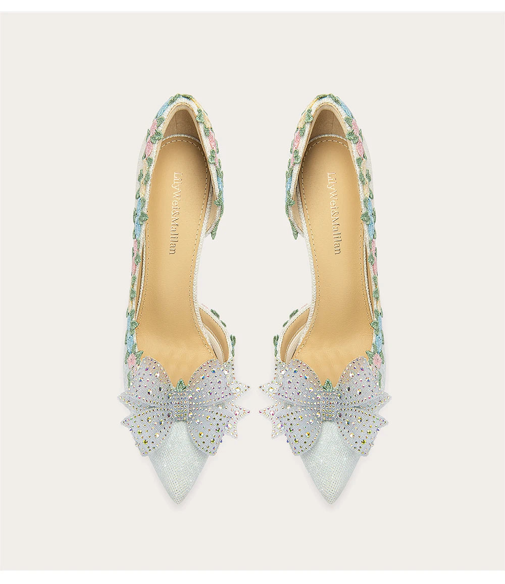 Mesh high heel pumps with rhinestone bow design