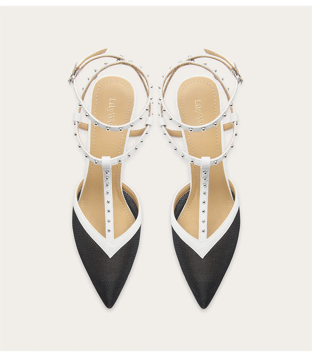 Mesh stiletto sandals with rivet stitching detail