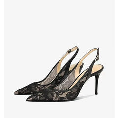  mesh slingback bridal heels with floral embroidery and pointed toe