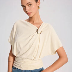 A woman modeling a black metal ring asymmetrical short-sleeve T-shirt.