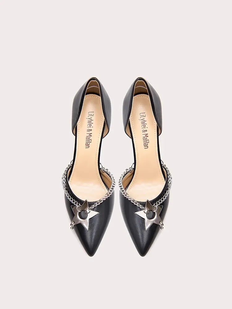 a metal star and chain sandal with a thin heel.