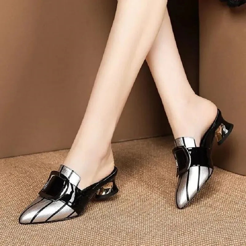 Metallic pointed toe low heel pumps with buckle strap