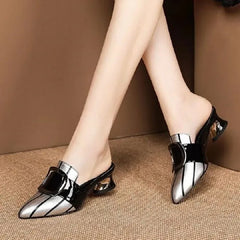 Metallic pointed toe low heel pumps with buckle strap