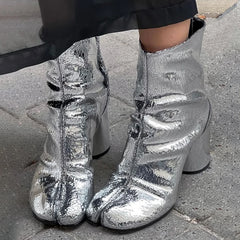 Chunky heel silver leather booties