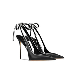 Microfiber stiletto party shoes in black with white lace bow