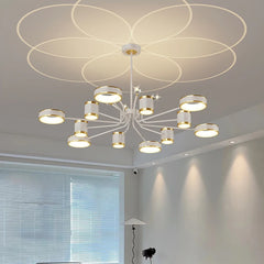 Minimalist geometric chandelier casting soft ceiling patterns