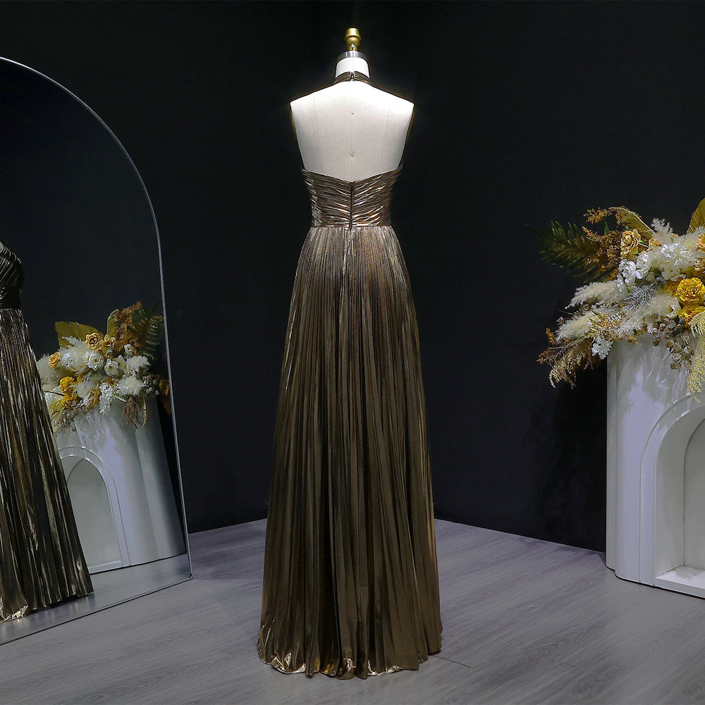 Minimalist prom gown with structured pleats and clean hemline