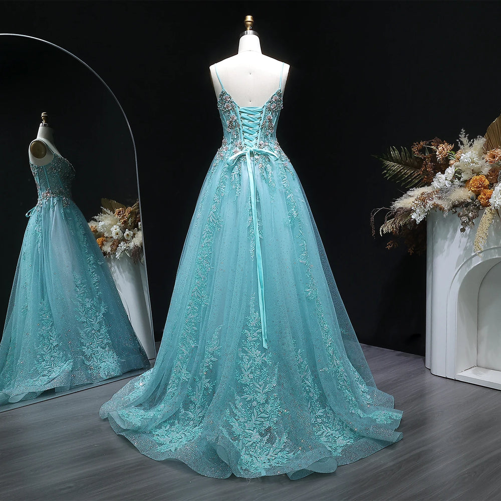 Back view of a backless A-line prom dress with an airy skirt