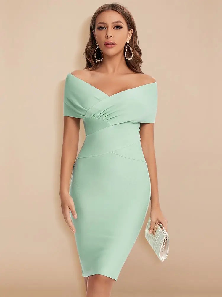 mint off shoulder bandage dress with sculpted Bardot neckline