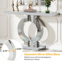 “Close-up of glass top with reflective mirror finish and sleek edges”

