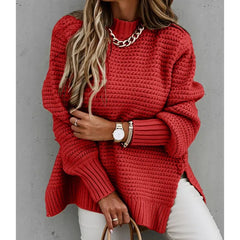 Loose fit side split knit pullover in red cotton blend