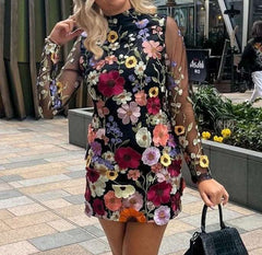 Mock neck bodycon mini dress with floral lace embroidery