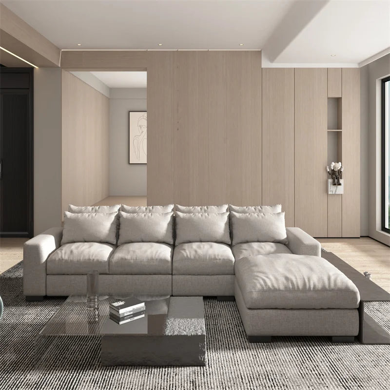 A modern design fabric 3 seat modular sofa set with beige and gray upholstery, arranged in a living room setting with a wooden wall and a large window.