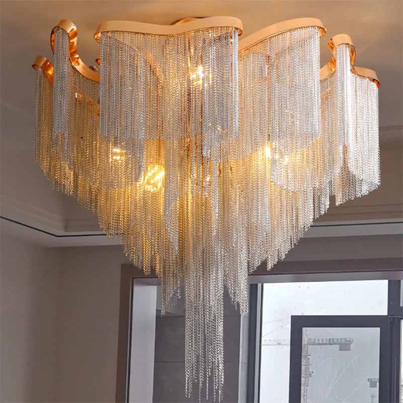 Modern LED tassel chain chandelier with brushed stainless finish
