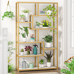 living room with freestanding gold etagere bookcase and decor
