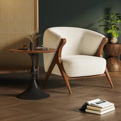 “Minimalist armchair and round table set styled in living room”