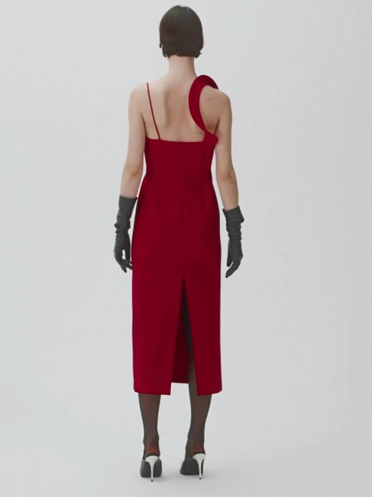Modern red midi dress shown for art event and gallery-inspired style