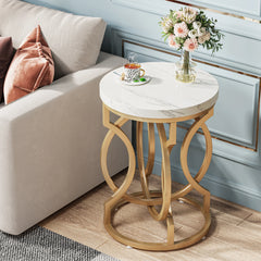 “Modern round wood end table with sculptural O-shaped base”

