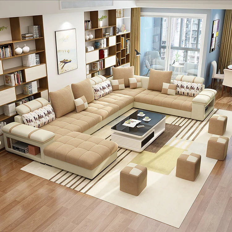 Modern Design L-Shape Sectional Sofa Set with plush cushions and an ottoman, placed in a well-decorated living room.