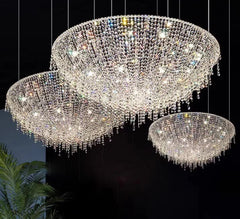 Multi-size pendant crystal lighting creating layered sparkle