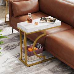 “Side table placed beside sofa for laptop or snack use”

