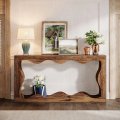 long wooden entryway table with open bottom shelf for storage
