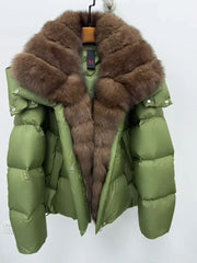 Luxury puffer jacket with natural fur trim
