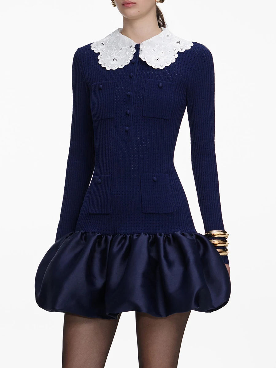 Long sleeve mini dress with contrast collar and pocket detailing