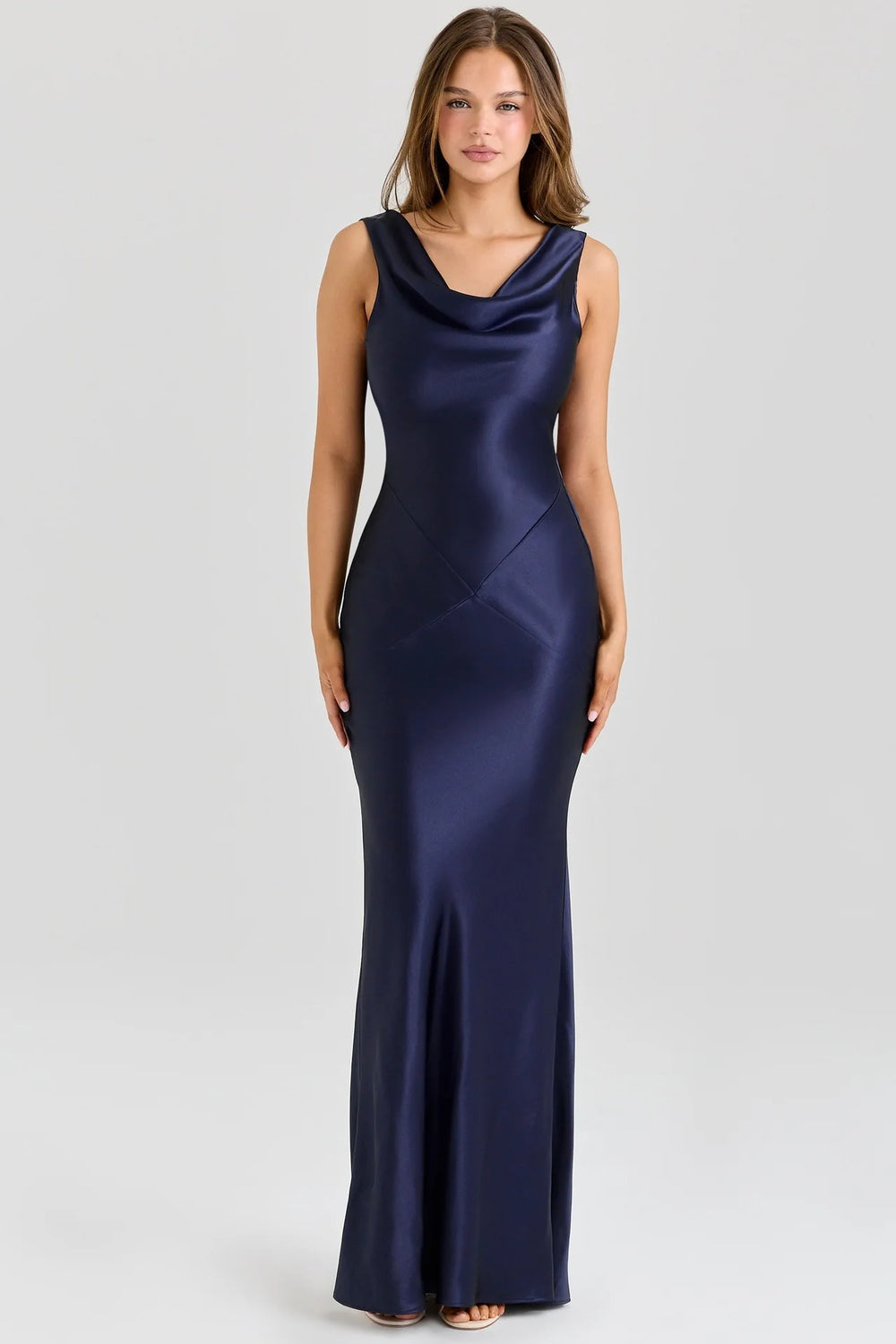 Navy cowl neck evening gown styled for formal events and summer weddings