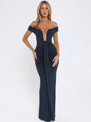 Navy off-shoulder floor-length maxi dress with draped neckline