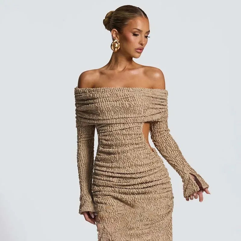 Neutral knit capsule long dress perfect for city nights

