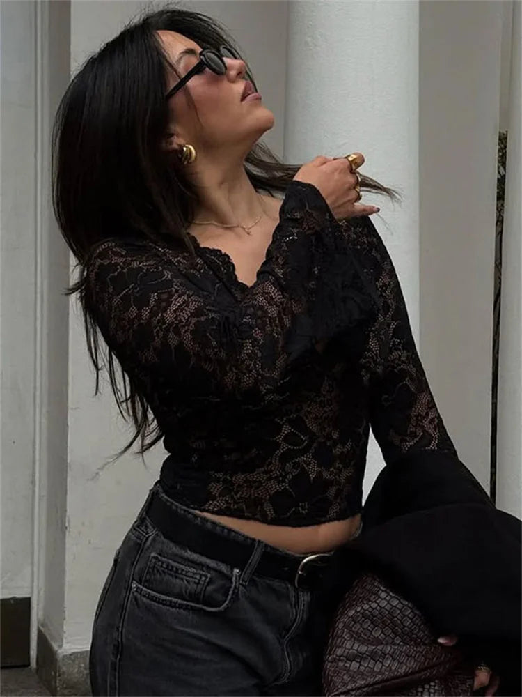 Sheer long sleeve lace top with scalloped neckline