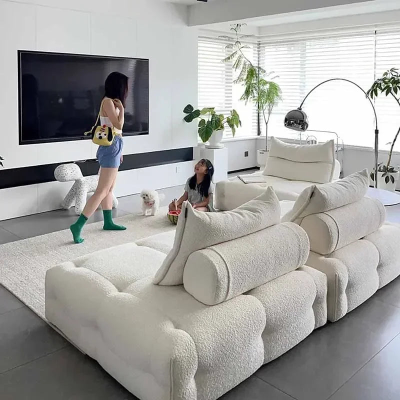 “Nordic floor sofa with adjustable backrest and chenille fabric in living room”