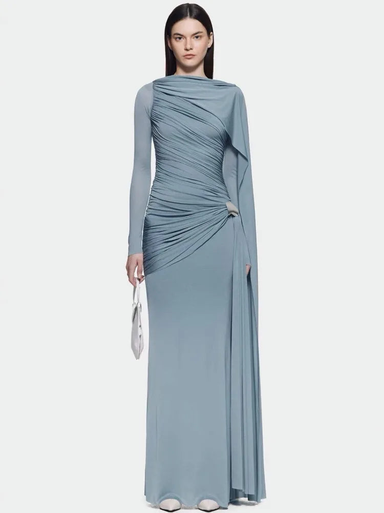 O-neck long sleeve slim-fit evening dress with sculpted shirring detail