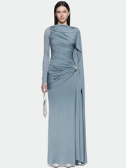 O-neck long sleeve slim-fit evening dress with sculpted shirring detail