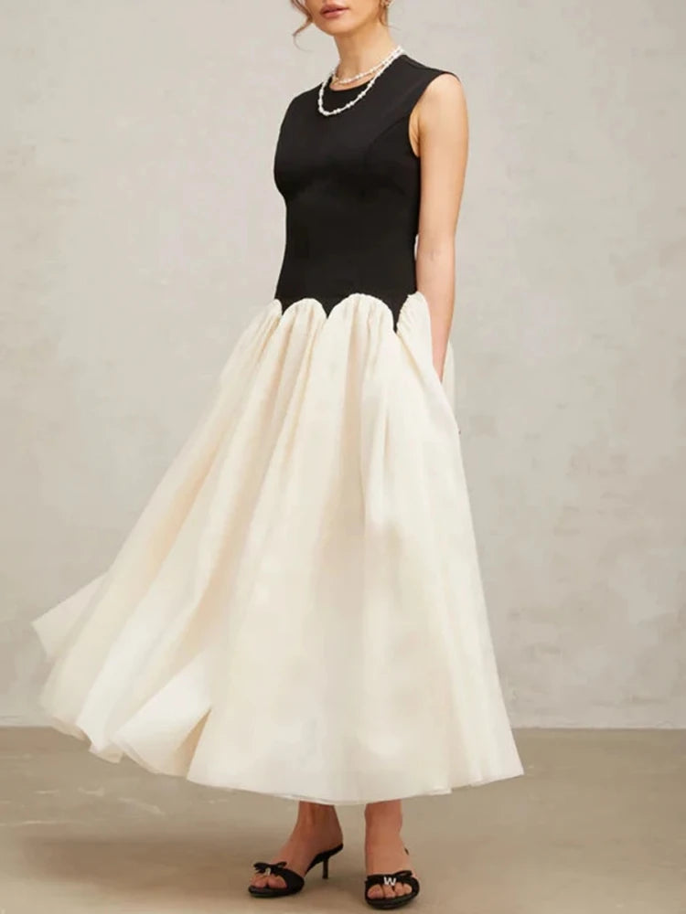 O neck patchwork A-line gown in black and beige for women