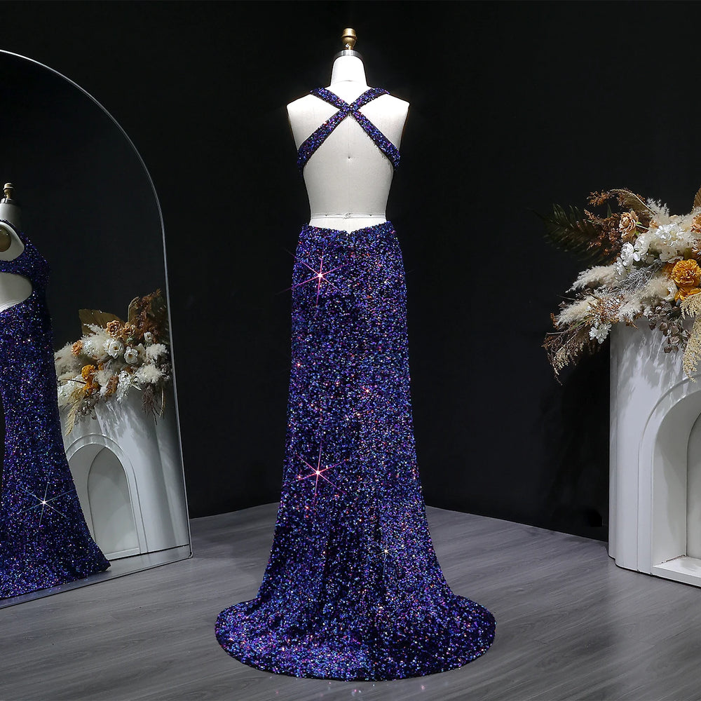 Sleeveless floor-length sequin dress with a fitted mermaid shape