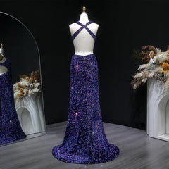 Sleeveless floor-length sequin dress with a fitted mermaid shape