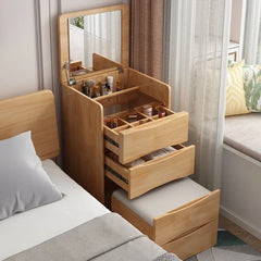 Oak vanity with lift-up mirror and organized compartments