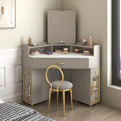 Oak vanity fitted into a bedroom corner with matching stool