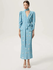 sky blue floral two-piece set styled for an evening event