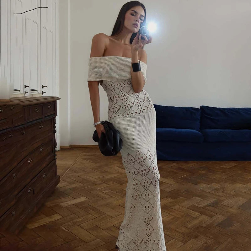 Off shoulder crochet knit maxi dress styled for summer vacation and resort events