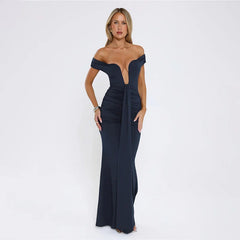 Off-shoulder evening gown featuring deep V-inspired front and slim silhouette