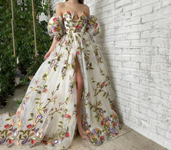 Off-shoulder floral embroidery evening dress