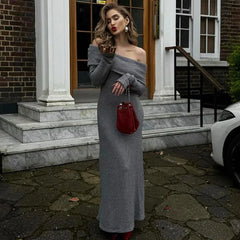 Off-shoulder grey knit maxi dress with slim silhouette
